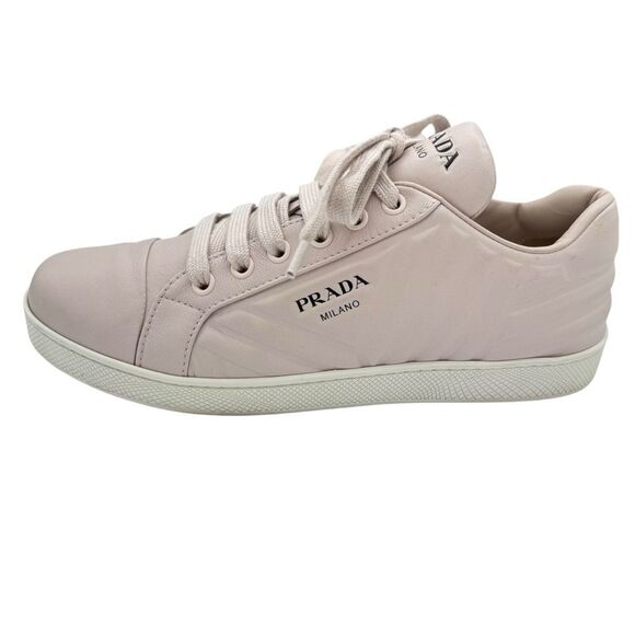 PRADA Leather Low Top Logo Sneakers Rosa Pink Size 8 - Picture 1 of 12